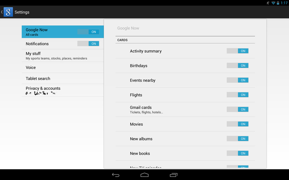 Google Now Settings screen